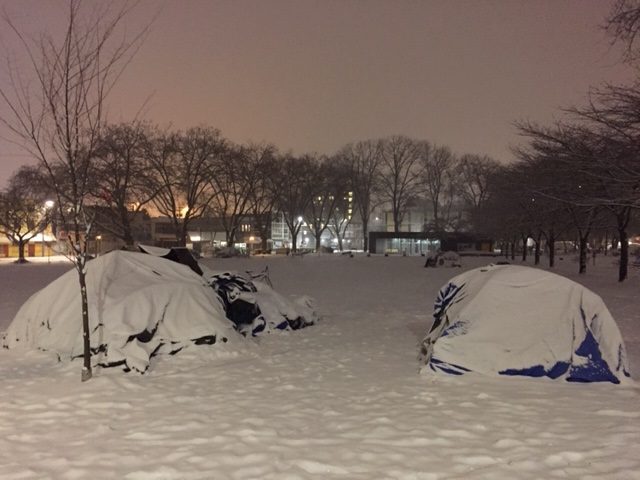 The CCAP says up to 100 people are currently camping in Vancouver's Oppenheimer Park.