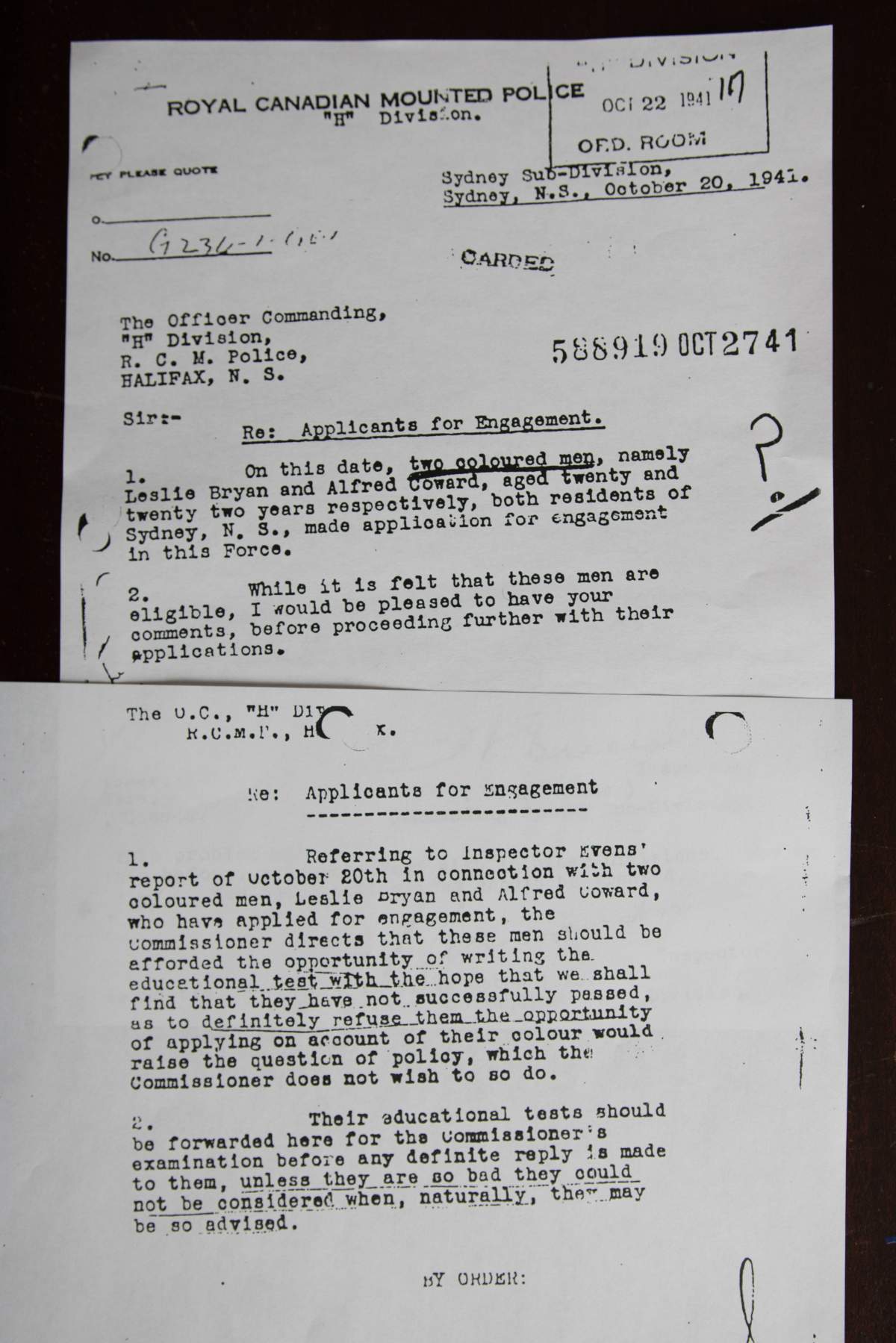 Letters from 1941 discussing how to handle two black men’s application to join the RCMP, as shown in the book, ‘You Had Better Be White By Six A.M.’
