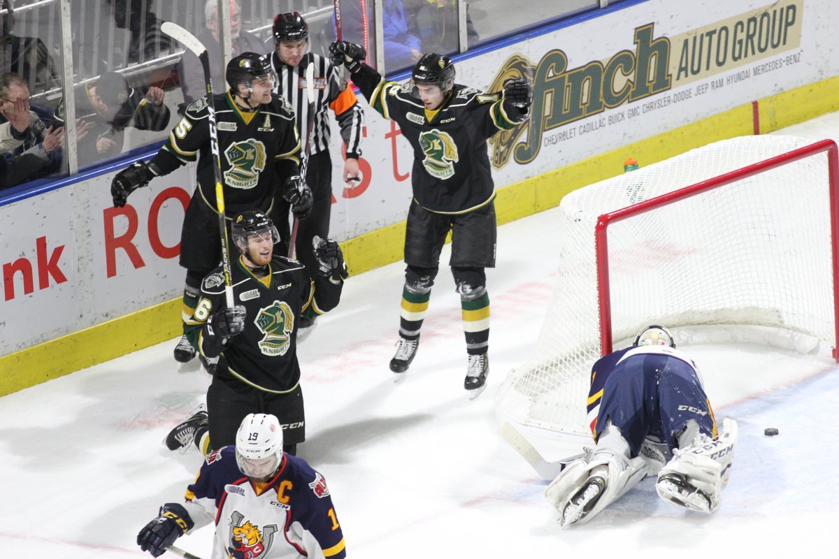 London, Ont. - The London Knights celebrate their first goal of the game and Kevin Hancock's 80th point of the season during their 3-2 shootout win over the Barrie Colts at Budweiser Gardens on Friday, February 1, 2019.