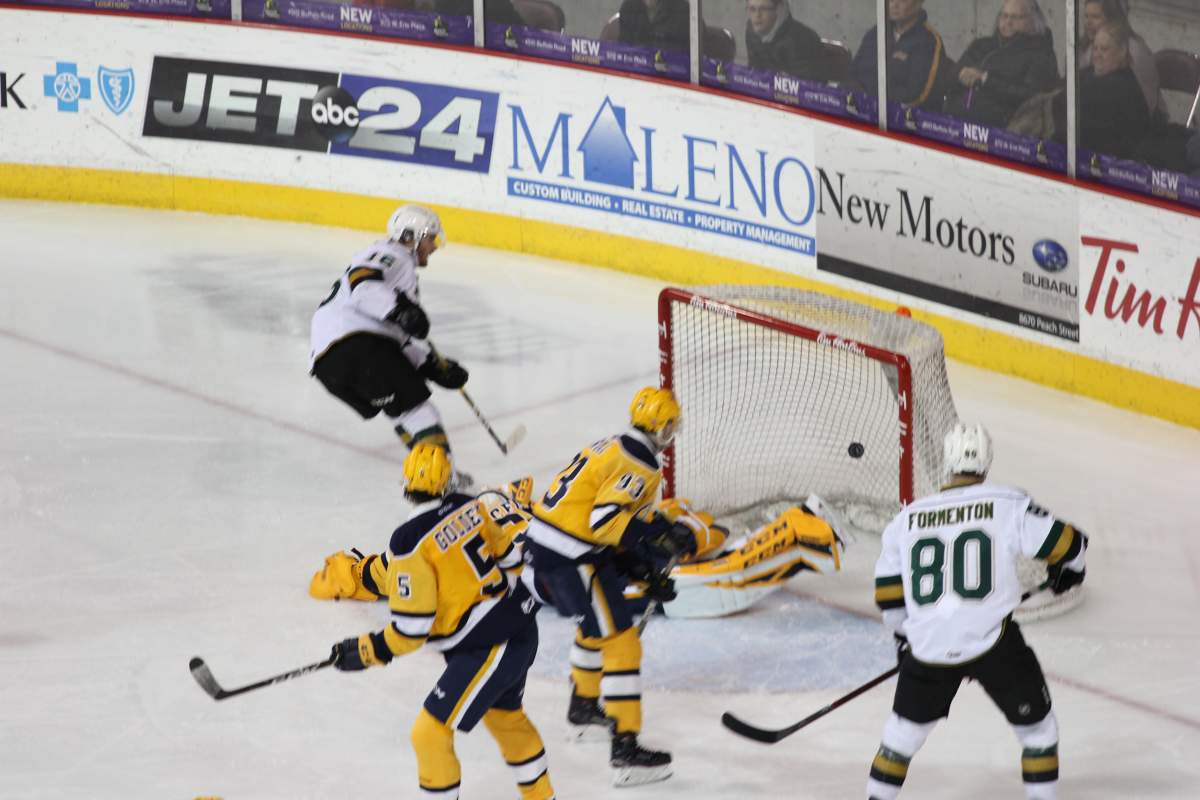 Kevin Hancock scores his second goal of the game to make it 5-0 London.