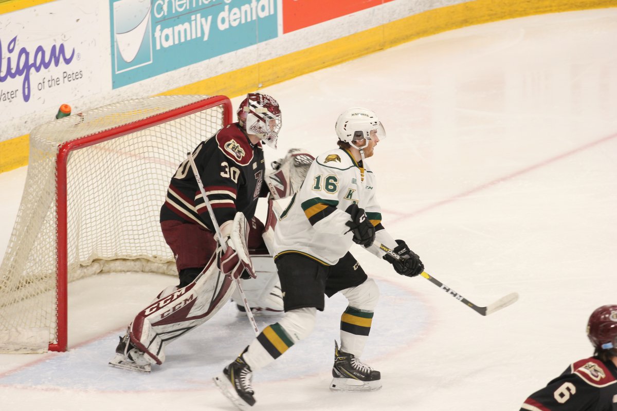 Petes goalie Tye Austin stood tall in net in a 3-1 Peterborough win over the London Knights at the Peterborough Memorial Centre on Feb. 21, 2019.