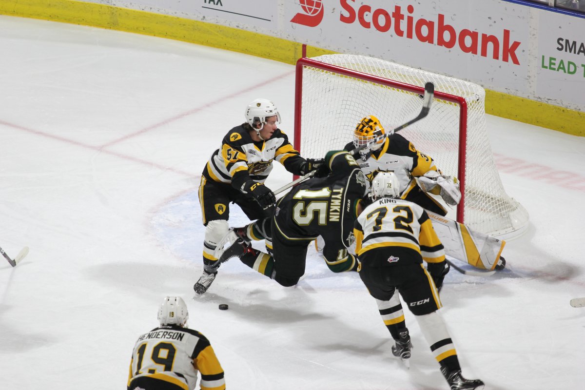 London, Ont. - London Knights forward Cole Tymkin goes hard to the net in a 4-2 London win over the Hamilton Bulldogs on February 22, 2019.