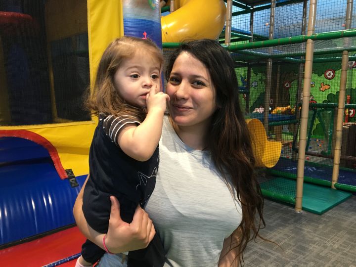 Beatrice Langlois and her daughter Mia enjoying escaping the cold at an indoor playground in Calgary.