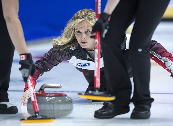 Team Canada skip Jennifer Jones releases a rock as they play Newfoundland and Labrador at the Scotties Tournament of Hearts at Centre 200 in Sydney, N.S. on Wednesday, Feb. 20, 2019. 