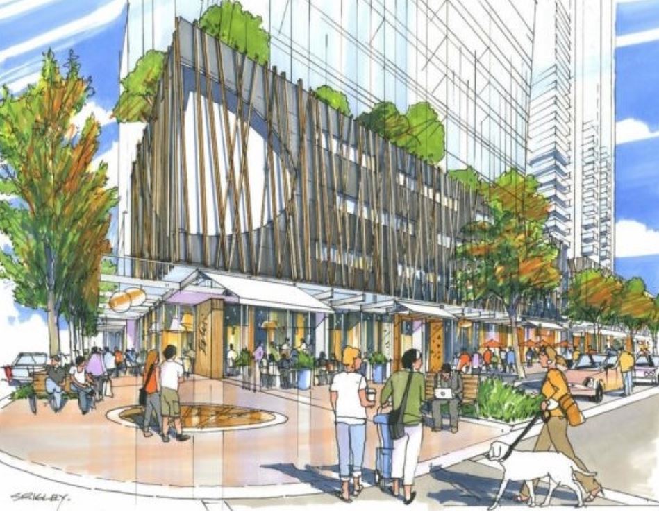 An artist’s sketch of Bernard Block, from St. Paul Street and Bernard Avenue, in downtown Kelowna.