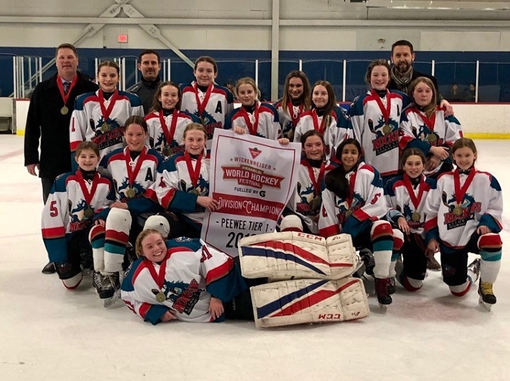 The Kelowna peewee female tier one Rockets gather after winning gold at the Wickfest tournament in Surrey last weekend. So far this season, including tournament play, the girls are 26-3-1.