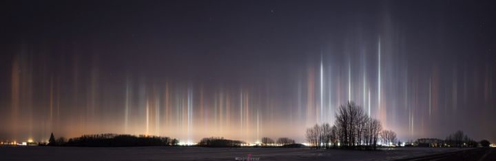 A photo of light pillars seen over Lacombe, Alta., on Feb. 10, 2019.