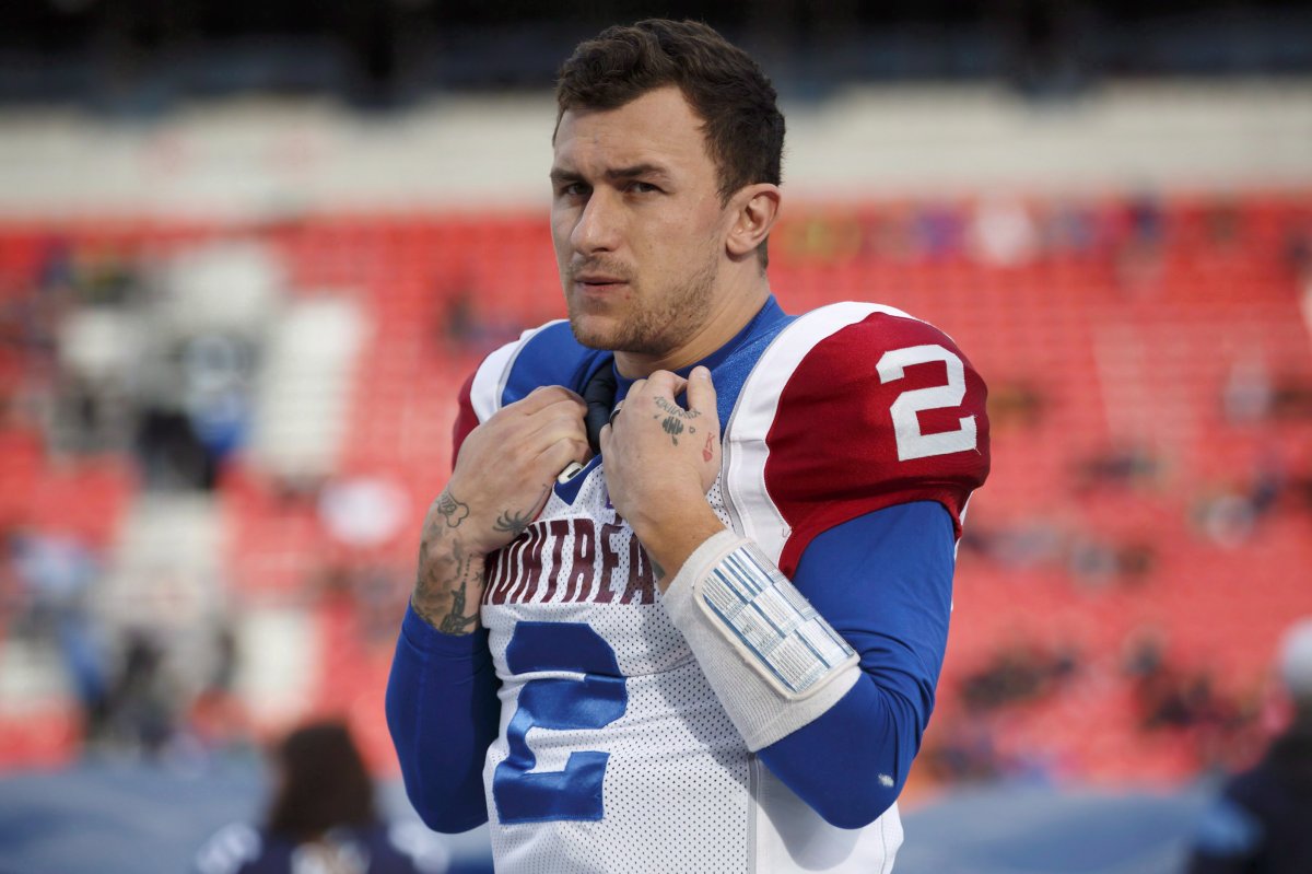 Montreal Alouettes quarterback Johnny Manziel (2) is seen during the pregame to CFL football action against the Toronto Argonauts, in Toronto on Saturday, Oct. 20, 2018.
