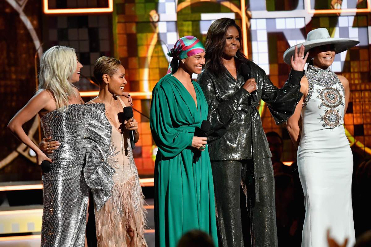 (L-R) Lady Gaga, Jada Pinkett Smith, Alicia Keys, Michelle Obama, and Jennifer Lopez speak onstage during the 61st Annual Grammy Awards at Staples Center on Feb. 10, 2019 in Los Angeles, California.
