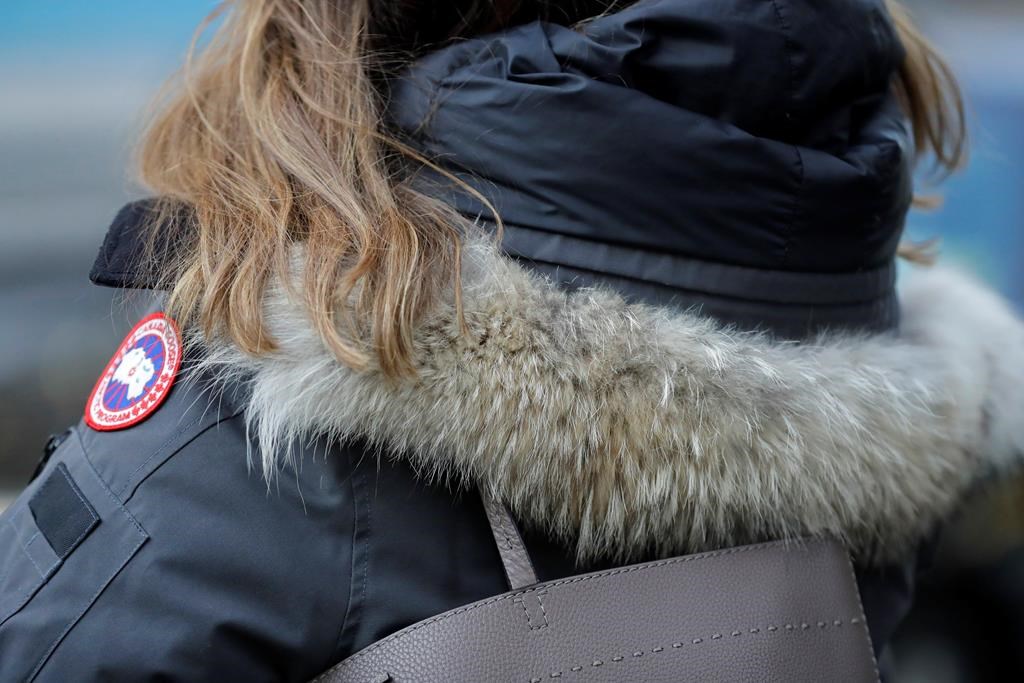 In this Feb. 14, 2019 photo, a woman in New York wears a Canada Goose coat with a hood fur trimmed with coyote fur.