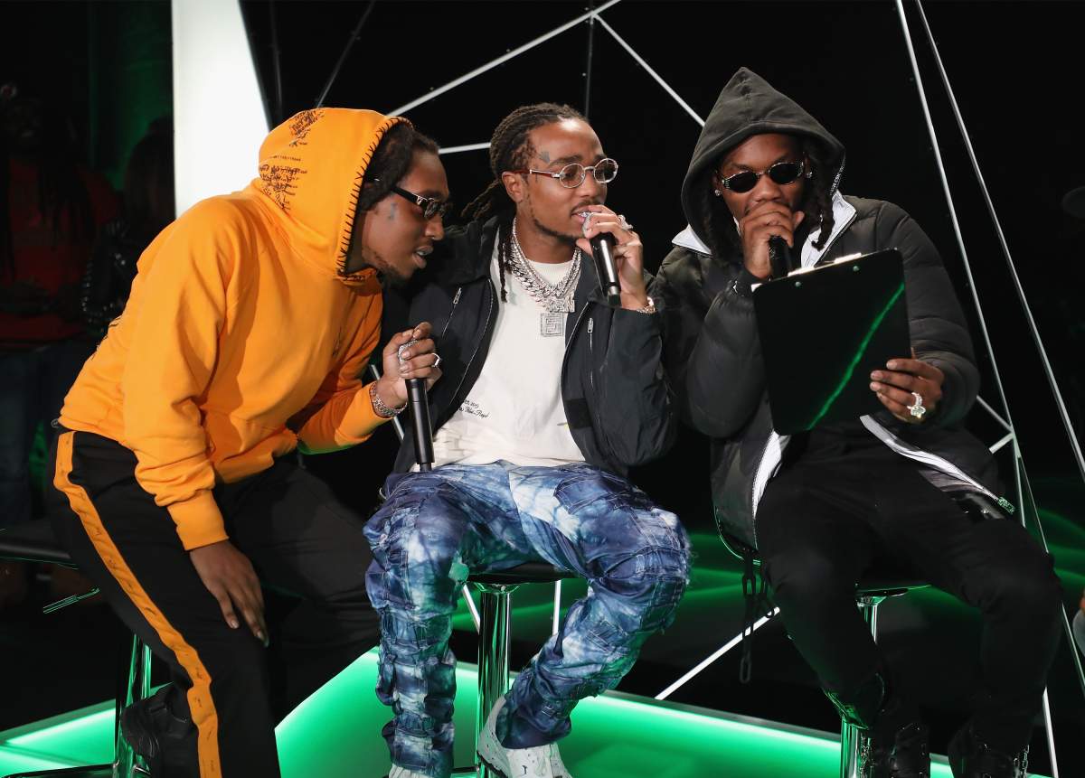 (L-R) Offest, Quavo, and Takeoff of Migos on stage at Mtn Dew Ice Courtside Studios during NBA All-Star 2019 at Epicentre on Feb. 16, 2019 in Charlotte, N.C.