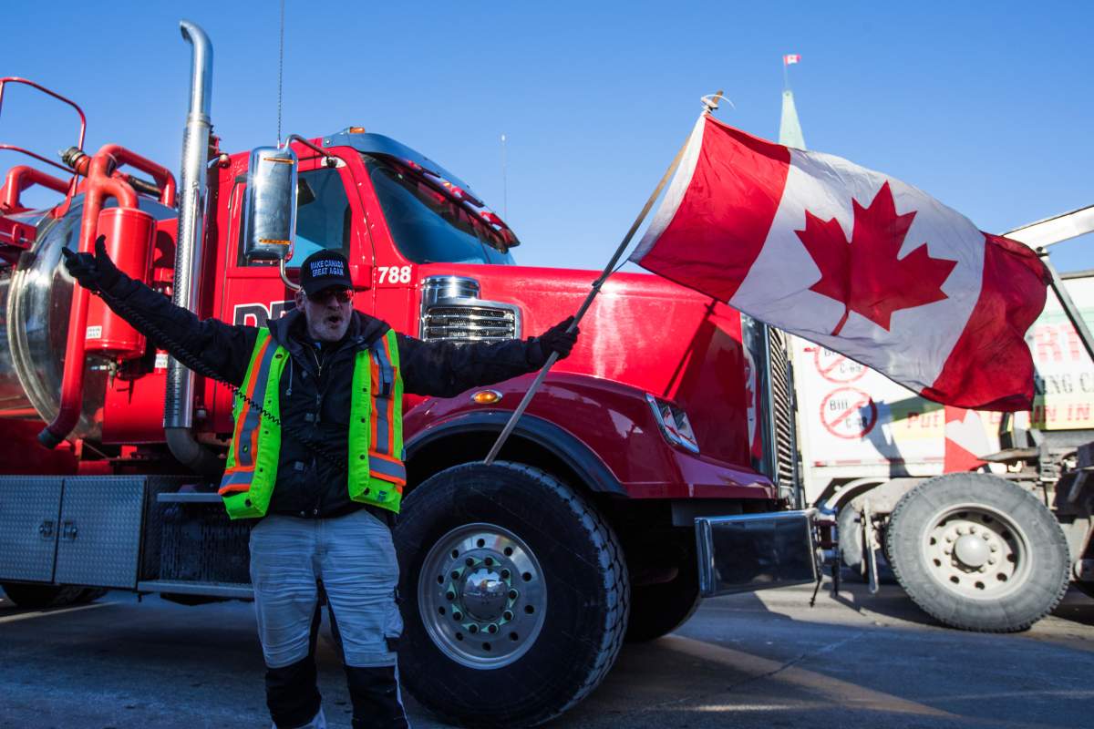 A man waves a Canadian flag during the Convoy for Canada on Parliament Hill in Ottawa, Ontario, on February 19, 2019.