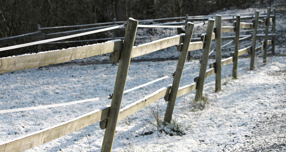 A fence on a farm in the winter.