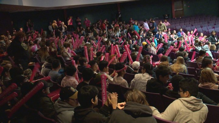 Students at Aden Bowman Collegiate attended a Pink Day rally on Wednesday afternoon. 
