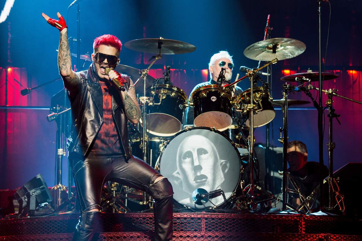 Adam Lambert (L) and Roger Taylor of Queen + Adam Lambert perform at The Palace of Auburn Hills on July 20, 2017, in Auburn Hills, Mich.