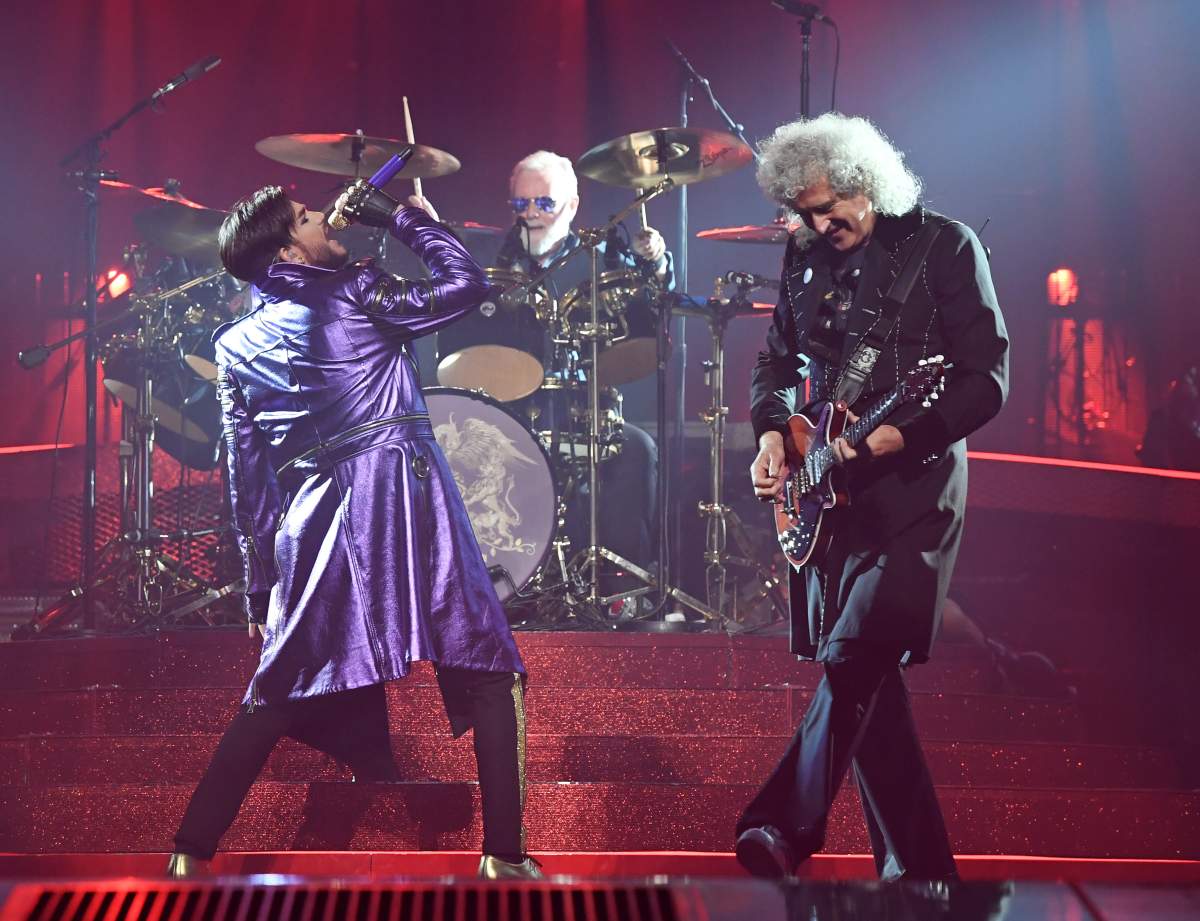 (L-R) Singer Adam Lambert, drummer Roger Taylor and guitarist Brian May of Queen + Adam Lambert perform at Park Theater at Park MGM on Sept. 1, 2018, in Las Vegas, Nev.