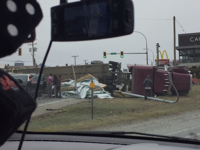 A semi truck rolled over in Abbotsford on Sunday. 