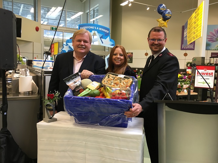 Save-On-Foods president Darrell Jones, left, Central Okanagan Food Bank executive director Lenetta Parry and Darryl Burry of the Salvation Army Central Okanagan were at Thursday’s announcement that Save-On-Foods will be making regular contributions to local food banks in an effort to reduce food waste.