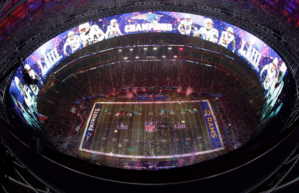 The New England Patriots celebrate after winning Super Bowl 53 against the Los Angeles Rams, Sunday, Feb. 3, 2019, in Atlanta. The Patriots won 13-3.