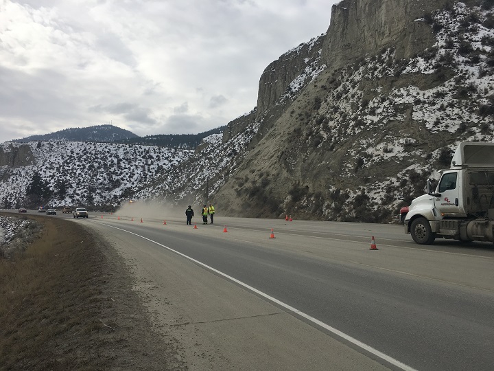 Southbound traffic along Highway 97 in the Okanagan was temporarily disrupted on Friday morning because of a silt bluff slide that blocked the right lane.