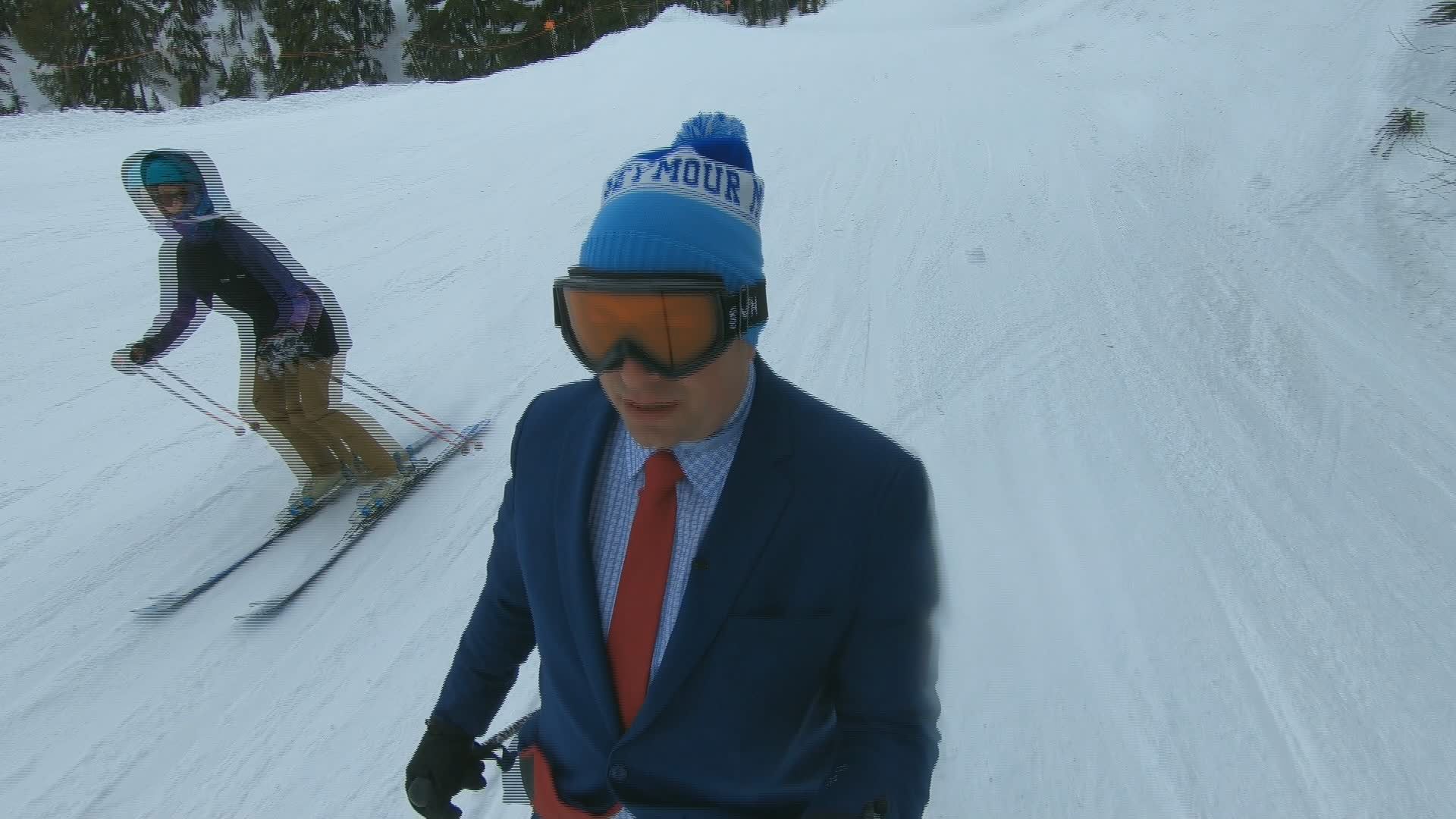 skiing in suit