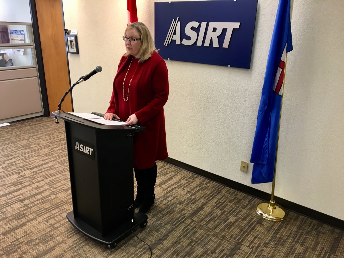ASIRT executive director Susan Hughson speaks to the media in Edmonton Monday, Feb. 25, 2019.