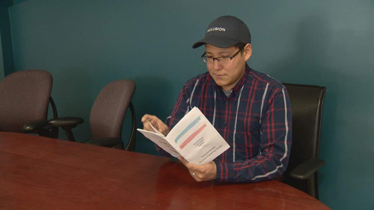 Jack Saddleback reads the newly published “Saskatchewan Medical Transition Guide”.