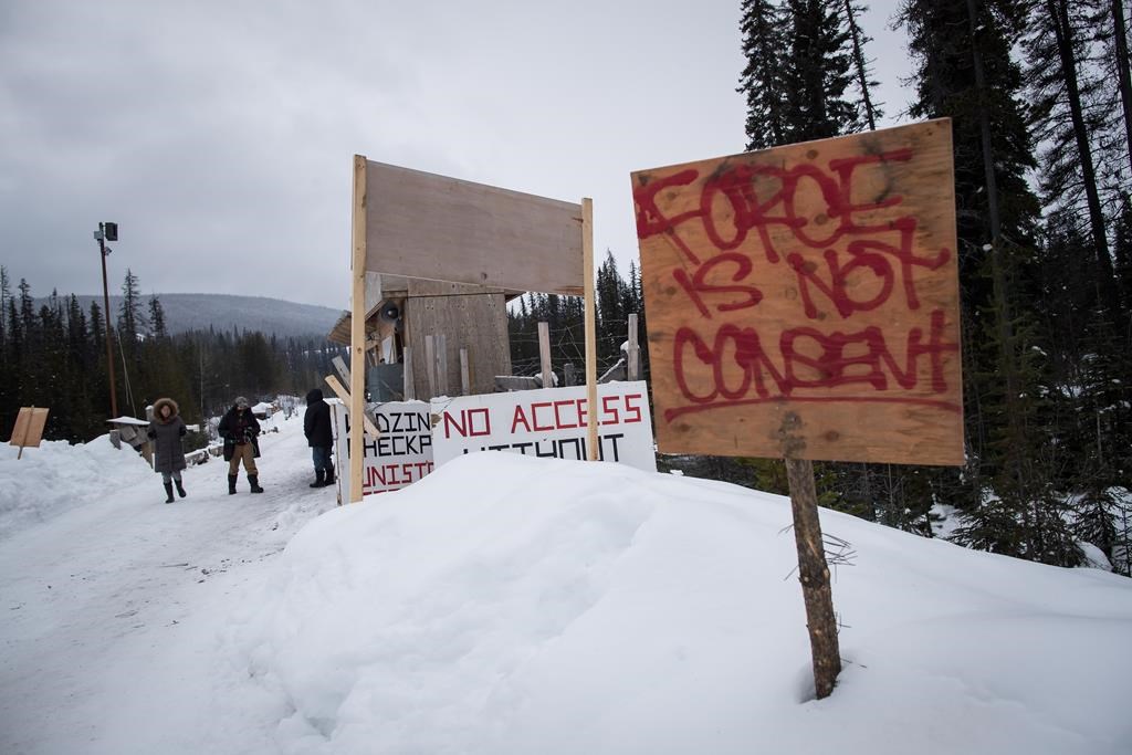 A checkpoint is seen at a bridge leading to the Unist'ot'en camp on a remote logging road near Houston, B.C., on Thursday January 17, 2019. The camp is widely known for its role blocking a natural gas company from accessing a work site four kilometres beyond it, but the healing centre at the camp is what's significant to many. Coastal GasLink plans to build a pipeline from northeastern British Columbia to LNG Canada's export terminal in Kitimat on the coast. While the company says it has signed support agreements with all 20 elected First Nations councils along the path, including some Wet'suwet'en bands, the nation's five hereditary clan chiefs say it's illegitimate without their consent too.