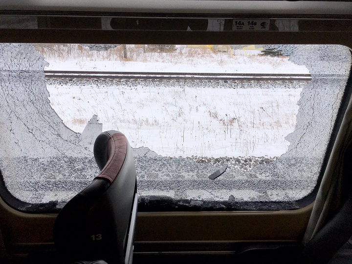 Via Rail says one of its trains was "struck by debris" outside of Trenton, Ont., damaging windows and a fuel tank.