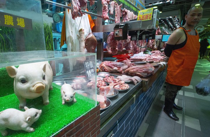 Pork is sold at a wet market in Tseung Kwan O, Hong Kong, China, 27 December 2018. 