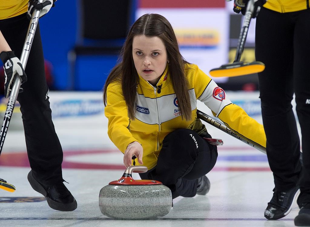 Manitoba skip Tracy Fleury releases a rock at the 2019 Scotties Tournament of Hearts.