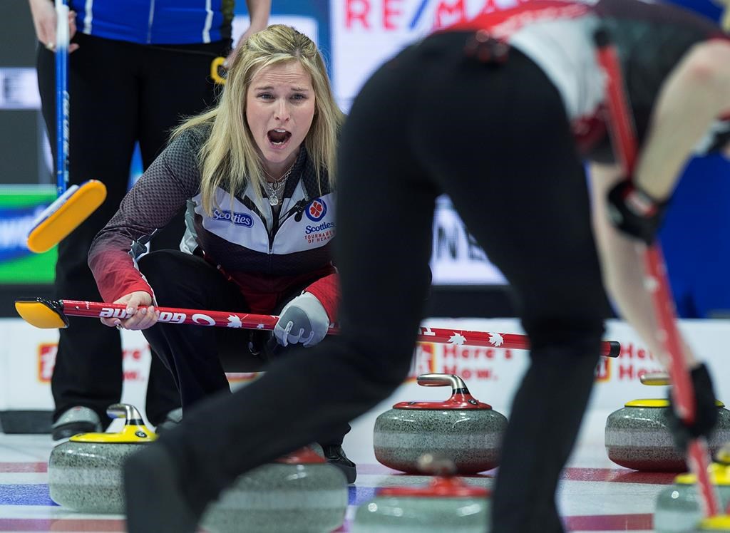 Team Canada skip Jennifer Jones reacts to a rock as they play Alberta in championship pool action at the Scotties Tournament of Hearts at Centre 200 in Sydney, N.S. on Thursday, Feb. 21, 2019. THE CANADIAN PRESS/Andrew Vaughan.