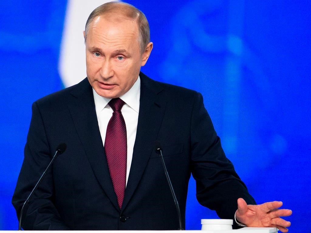 Russian President Vladimir Putin delivers a state-of-the-nation address in Moscow, Russia, Wednesday, Feb. 20, 2019.