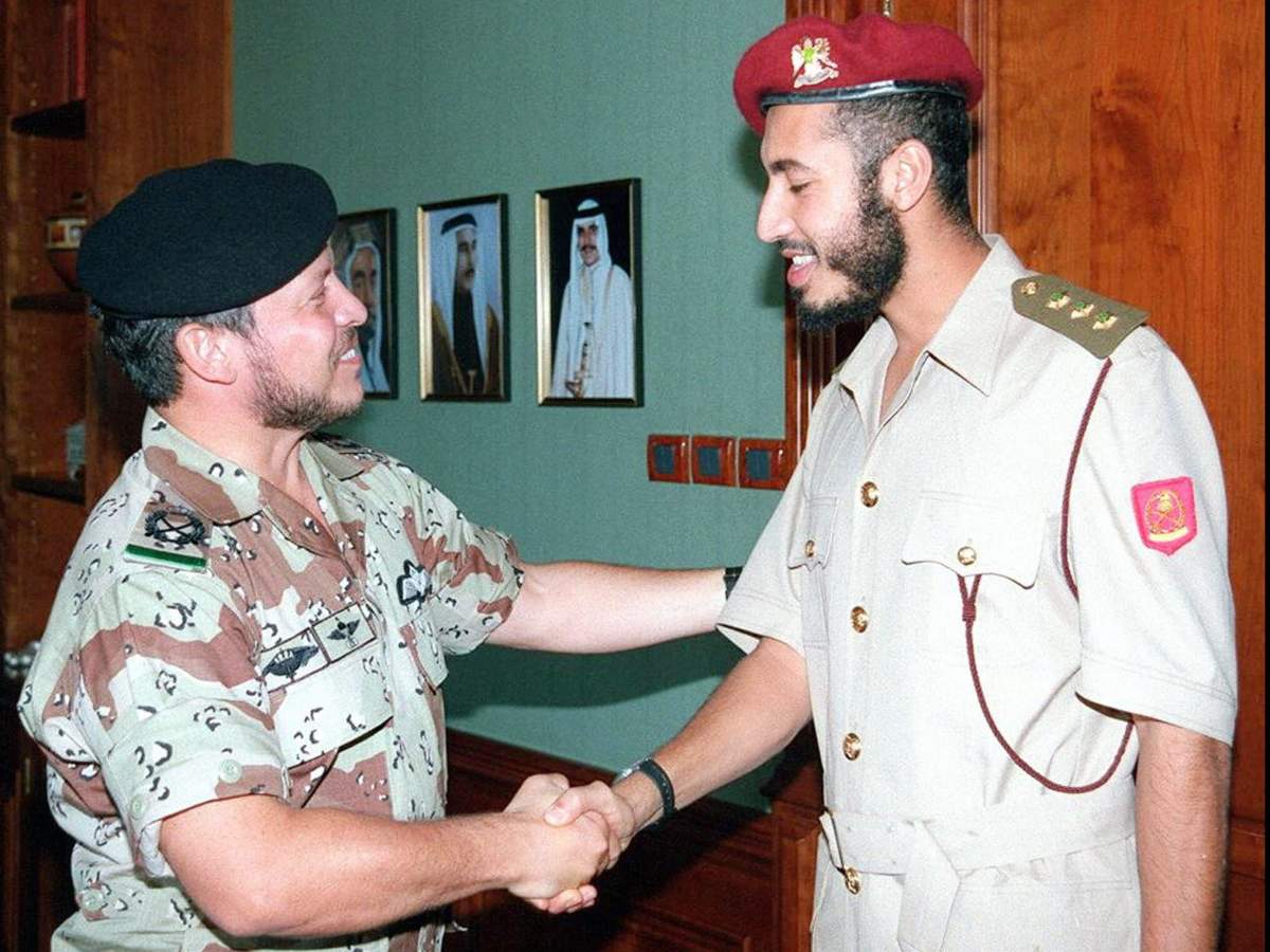 Saadi Gaddafi (right) with King Abdallah II of Jordan on August 30, 1999. Photo by Balkis Press/ABACA.