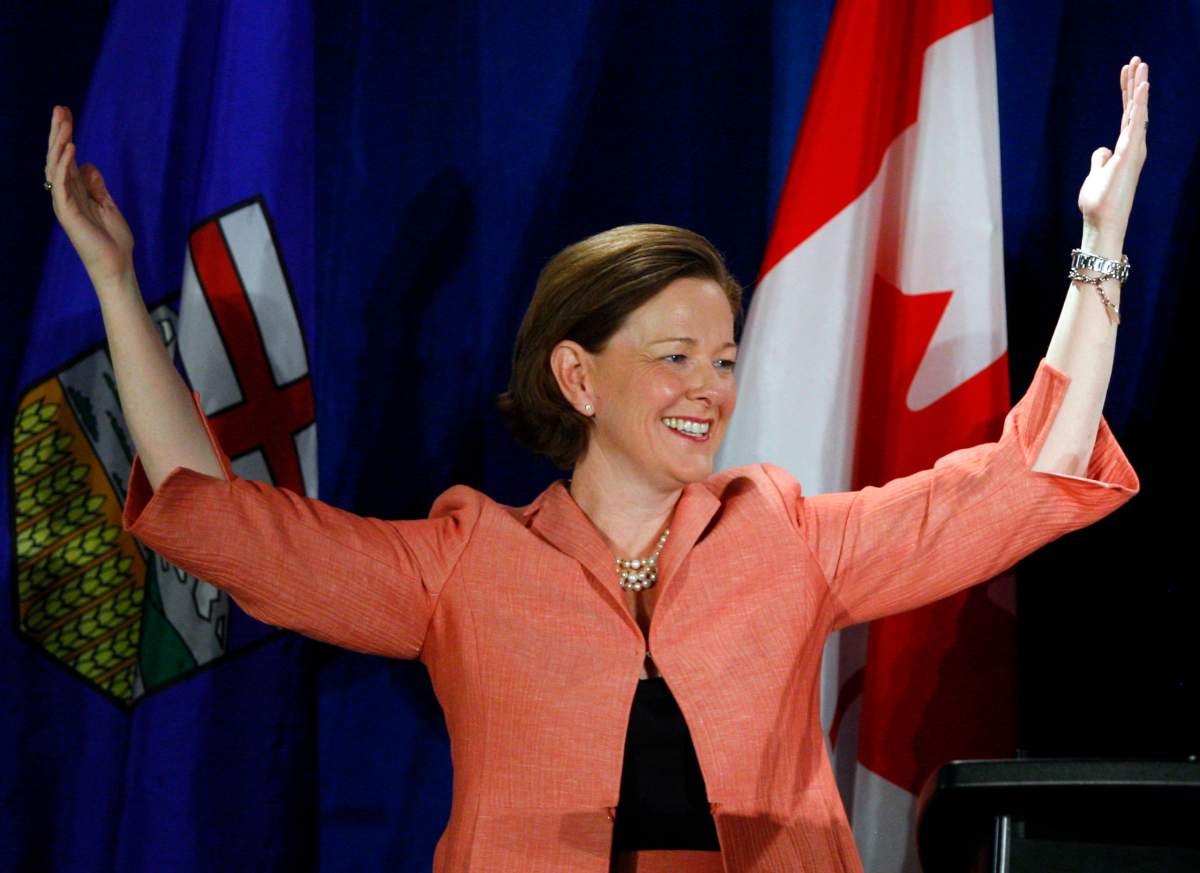 Alberta PC party leader Alison Redford celebrates her win in the provincial election in Calgary, Alta., Monday, April 23, 2012.