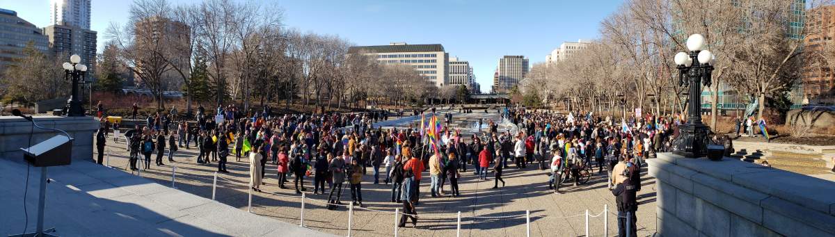 Albertans gather at the legislature on Wednesday, March 27, 2019 in support of GSAs and in response to the UCP’s proposed education plan.