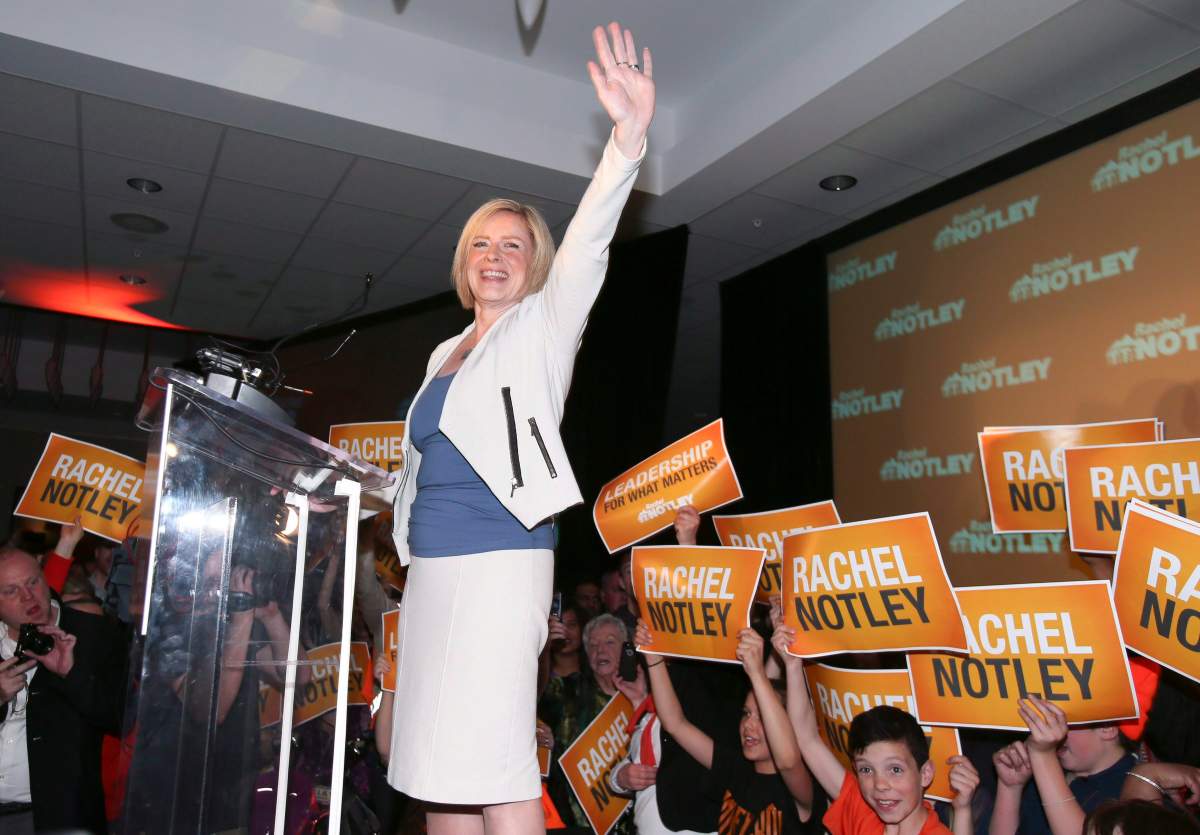 Alberta NDP leader Rachel Notley reacts on stage after being elected Alberta’s new Premier in Edmonton on Tuesday, May 5, 2015.