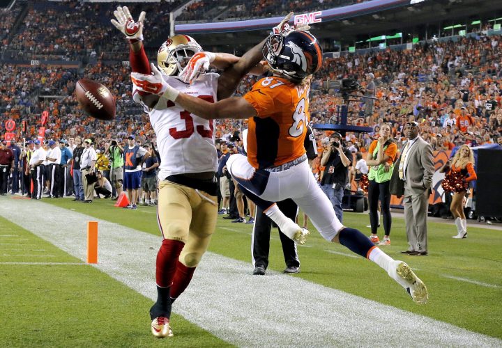 San Francisco 49ers defensive back Mylan Hicks (33) breaks up a pass in the end zone intended for Denver Broncos wide receiver Jordan Taylor (87) during the second half of an NFL preseason football game, Saturday, Aug. 29, 2015, in Denver.