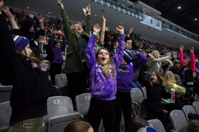 Fans celebrate a goal by the Markham Thunder as they face the Kunlun Red Star during the 2018 Clarkson Cup final in CWHL hockey action in Toronto, March 25, 2018.