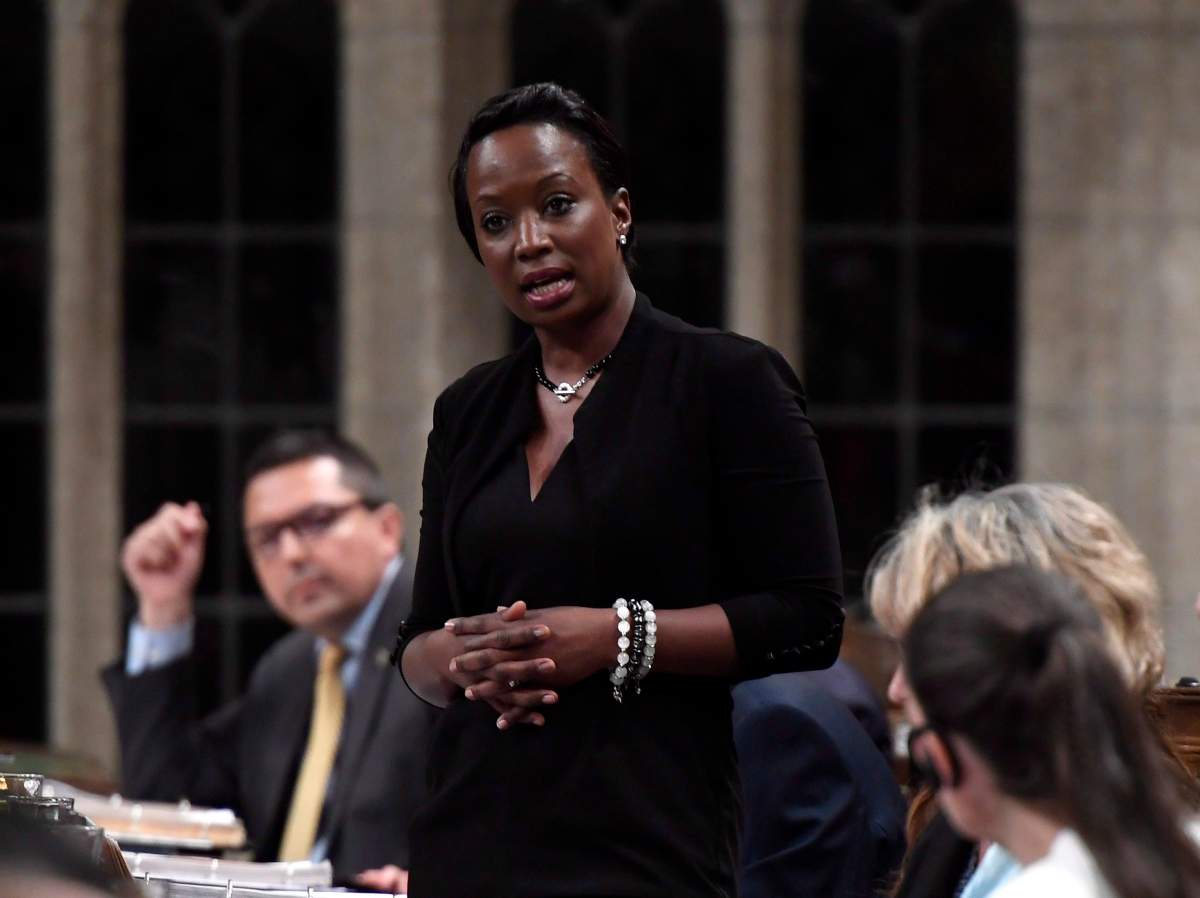 Celina Caesar-Chavannes rises during Question Period in the House of Commons on Parliament Hill in Ottawa on Friday, May 25, 2018. 