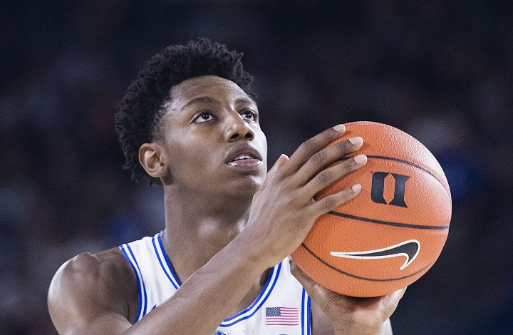 Duke Blue Devils' R.J. Barrett takes a free throw during exhibition basketball action against McGill Redmen in Laval, Que., Sunday, August 19, 2018. 