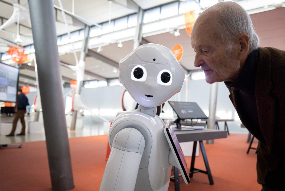 Robot ''Pepper'' communicates with journalists and guests in the exhibition ''Out of Office'': When robots and AI work for us'' at a press conference in the Museum der Arbeit.