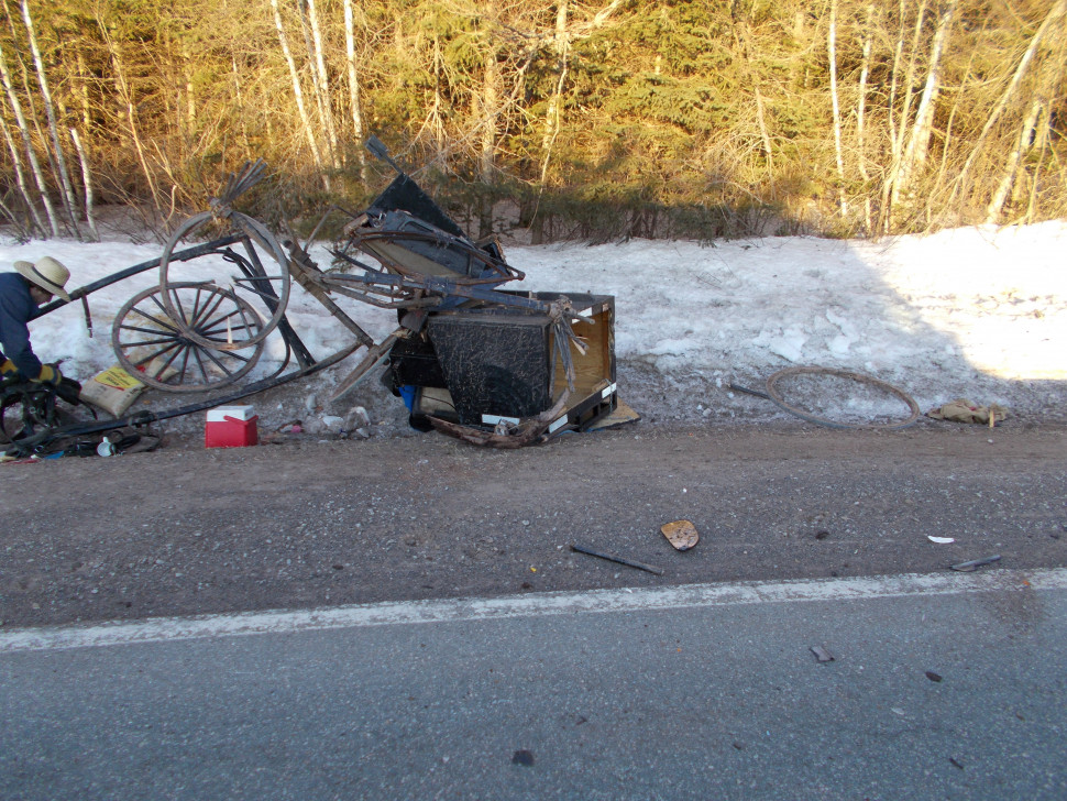 A horse-drawn carriage was extensively damaged in a collision with a pickup truck in New Perth, PEI. 