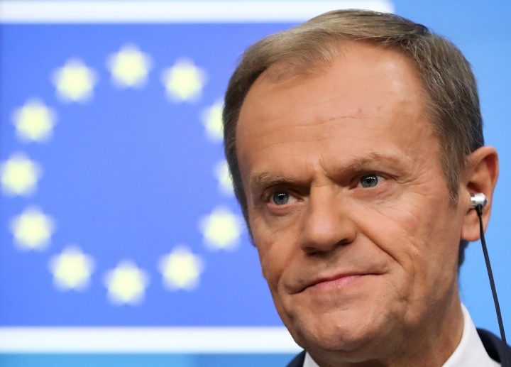 European Council President Donald Tusk holds a news conference after a European Union summit in Brussels, March 22, 2019.  