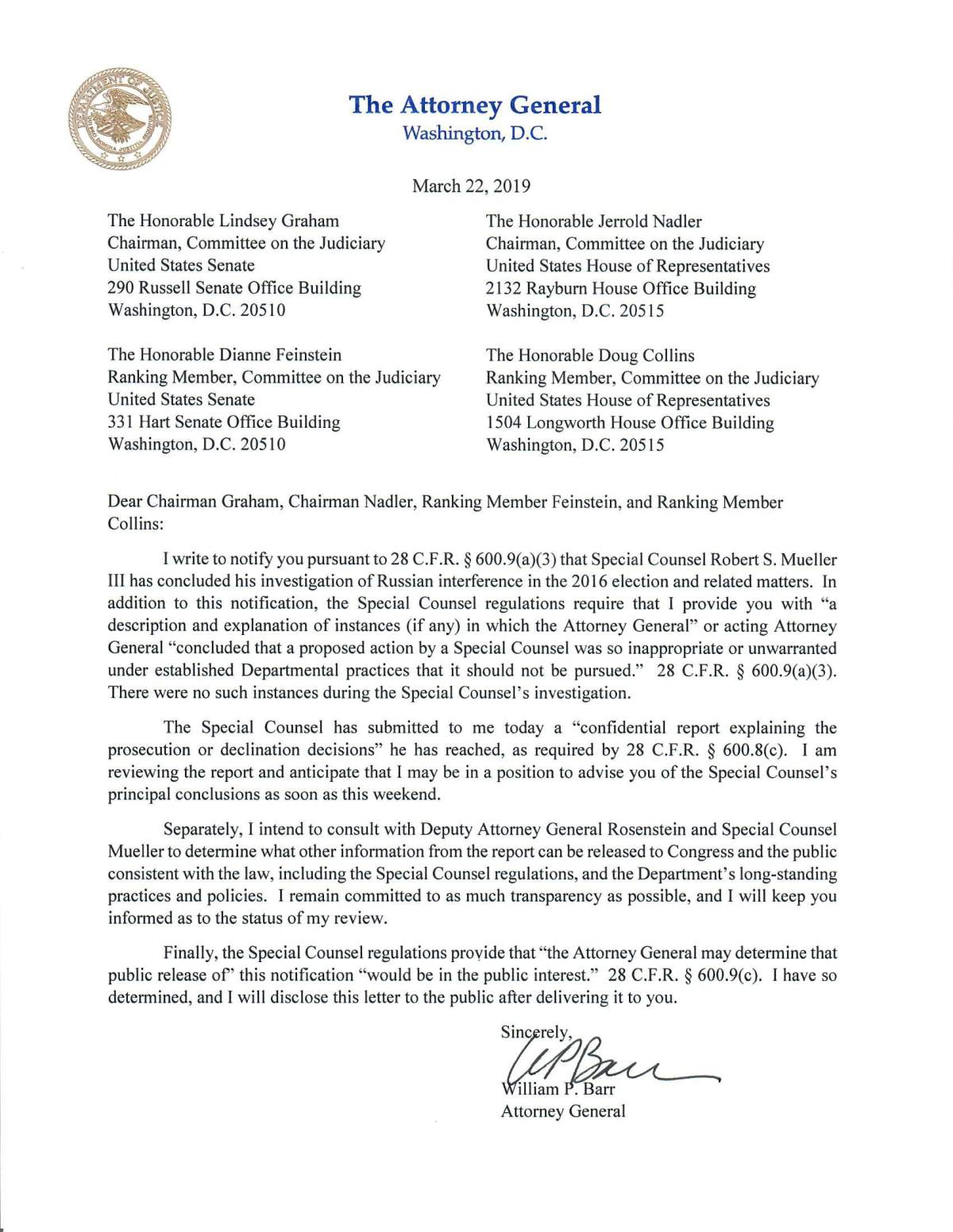 A copy of a letter to lawmakers from U.S. Attorney General William Barr stating that the investigation by Special Counsel Robert S. Mueller has been concluded is seen in Washington, U.S. March 22, 2019. Department of Justice/Handout via REUTERS.