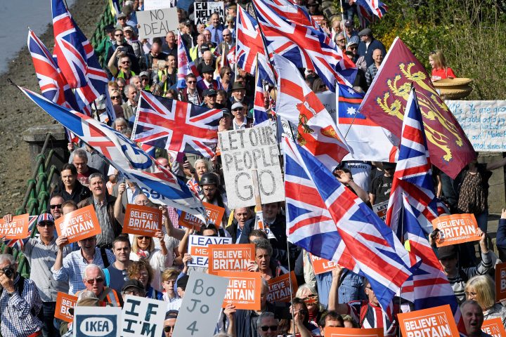 Pro-Brexit protesters take part in the March to Leave demonstration, in London, Britain March 29, 2019. 
