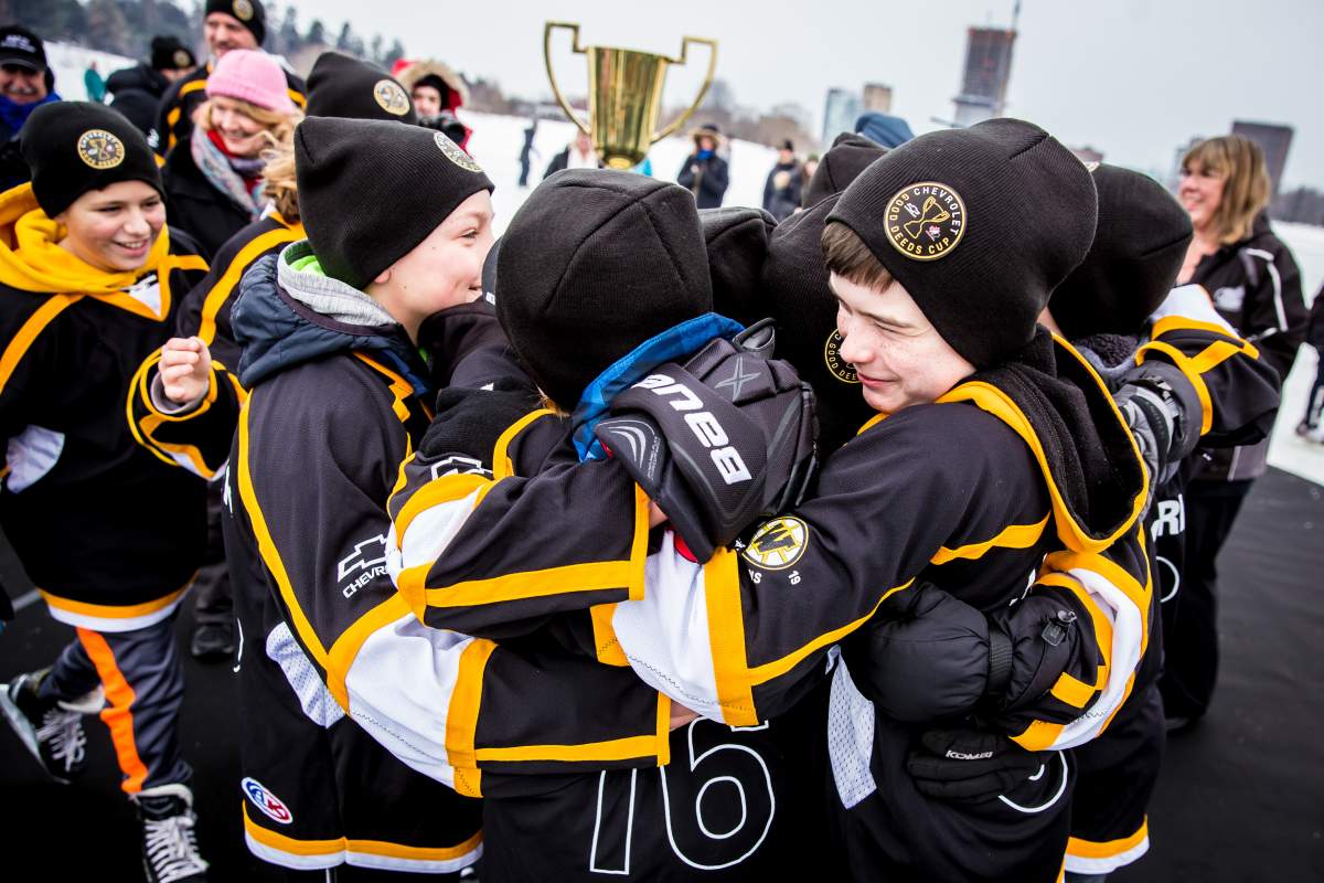 The West Carleton Warriors peewee hockey team celebrates after winning Chevrolet’s Good Deeds Cup and the $100,000 grand prize, which will go towards tornado relief efforts in Ottawa’s rural west end.