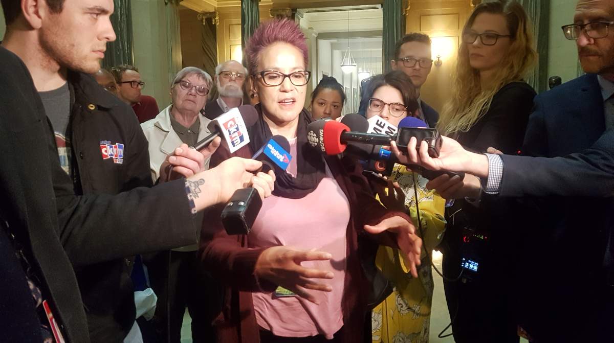Former Cornwall Alternative School student Delia Delorme shares her experience at the school with reporters at the Saskatchewan Legislative Building.