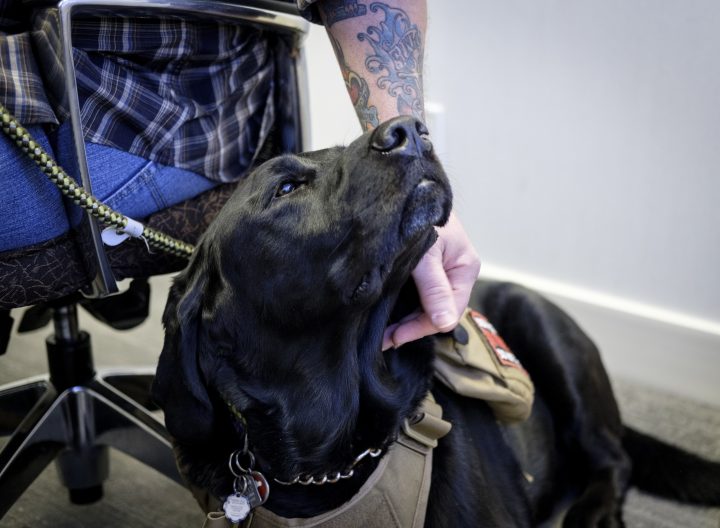 Former Syyncrude firefighter Michael Swan and his service dog Jack in Calgary, Alta., Monday, Jan. 14, 2019. A lawsuit filed by a former firefighter and paramedic against Syncrude Canada claims the oilsands giant wrongfully denied him benefits and fired him after he was diagnosed with post-traumatic stress disorder related to his job.