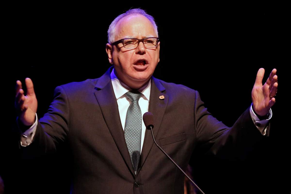 In this Jan. 7, 2019 file photo, Minnesota Gov. Tim Walz gives his inaugural address in St. Paul, Minn.